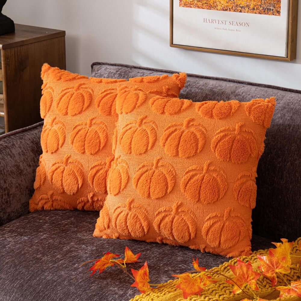 5613 Pumpkin Fall Decorative Throw Pillow Covers 18"x18", Set of 2 Orange